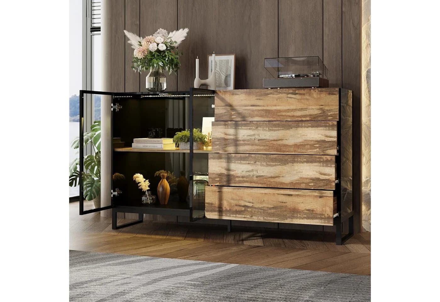 FUFU&GAGA Sideboard 160cm Schwarz Holz mit LED & Glasfront