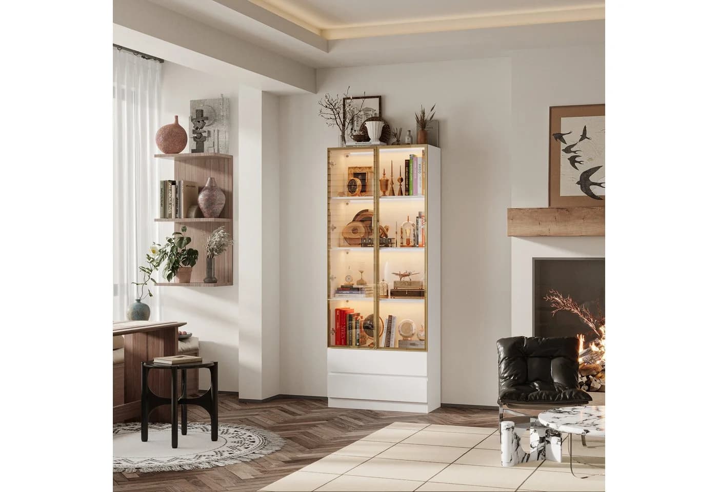 FUFU&GAGA Glasvitrine mit LED 200cm Weiss Schwarz Glastüren Schubladen