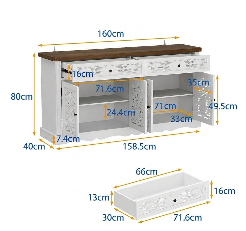 HOMSEE Sideboard Kommode Rokoko Weiß mit Schubladen & Türen