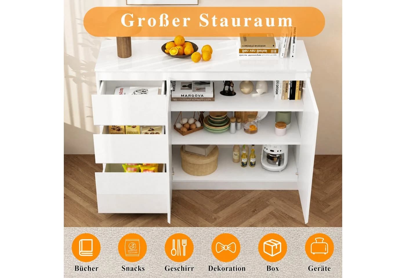 FUFU&GAGA Sideboard Weiß PET Hochglanz LED Kommode grifflos