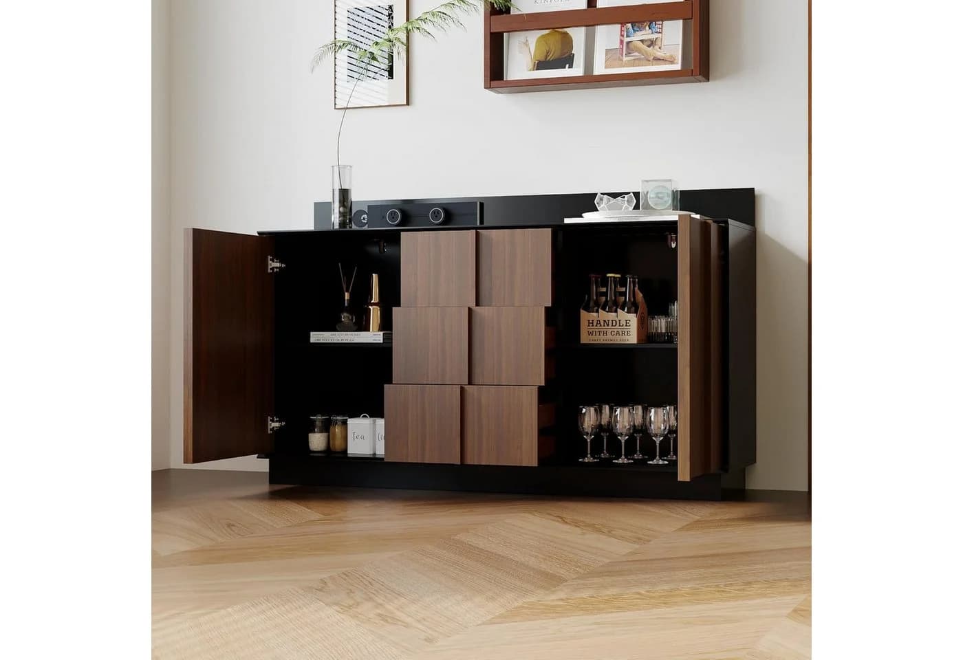 FUFU&GAGA Sideboard 150cm Braun Schwarz mit Stromschienen-System
