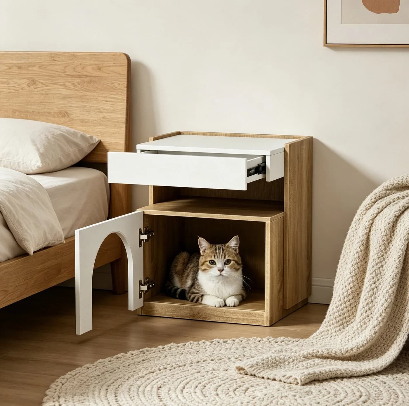 FUFU&GAGA Nachttisch Weiß Eiche mit Katzenhöhle, 2-in-1 Beistelltisch modern