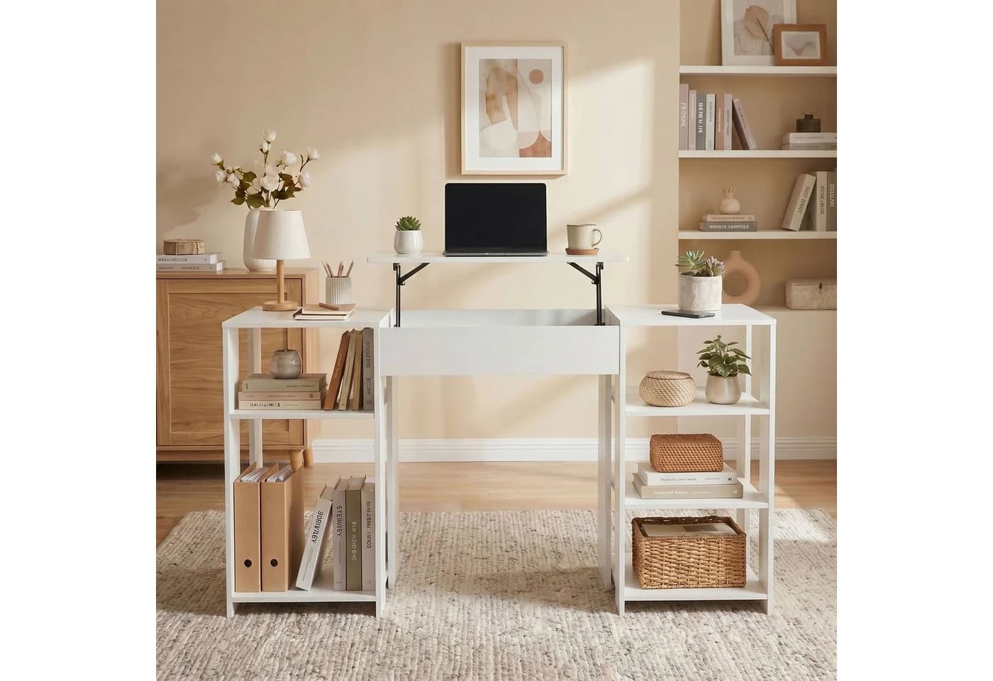 FUFU&GAGA Schreibtisch mit Lift-Top Funktion 140 cm Computertisch weiß mit Regal