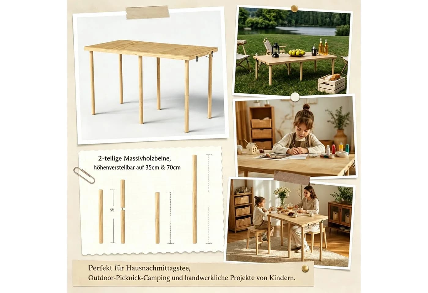 FUFU&GAGA Klapptisch Kiefernholz 120cm mit Tragegriff