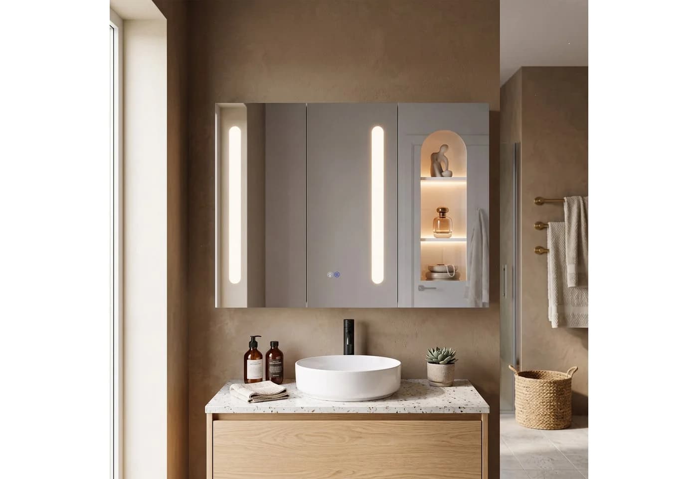 FUFU&GAGA Badezimmerspiegelschrank 120cm LED Touch 3 Türen Weiß