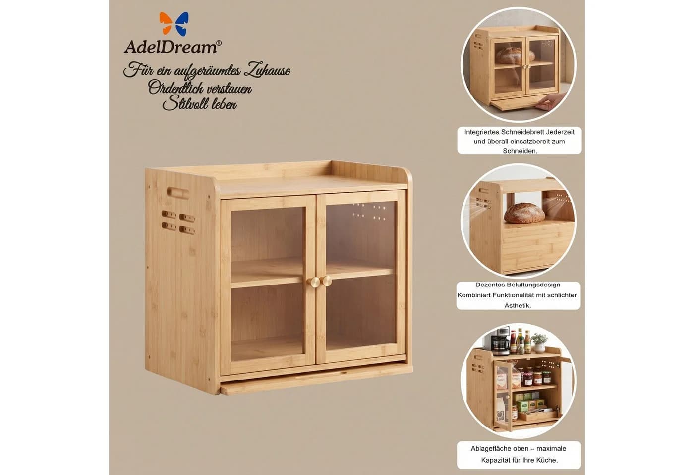 AdelDream Brotkasten Bambus Küchen Organizer mit Schneidebrett