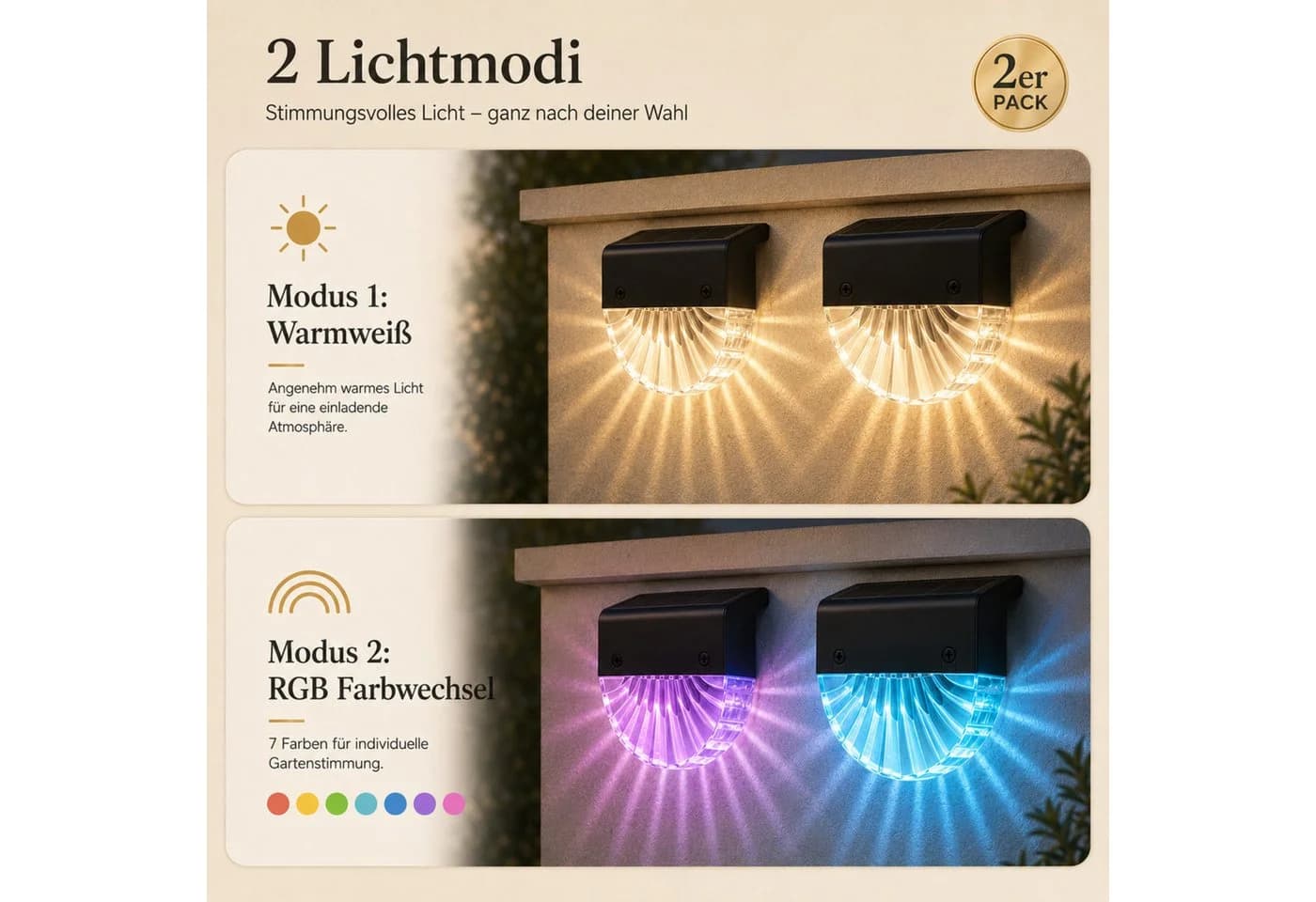 Luckice Solarleuchten Außen 2er Set RGB Warmweiß IP65
