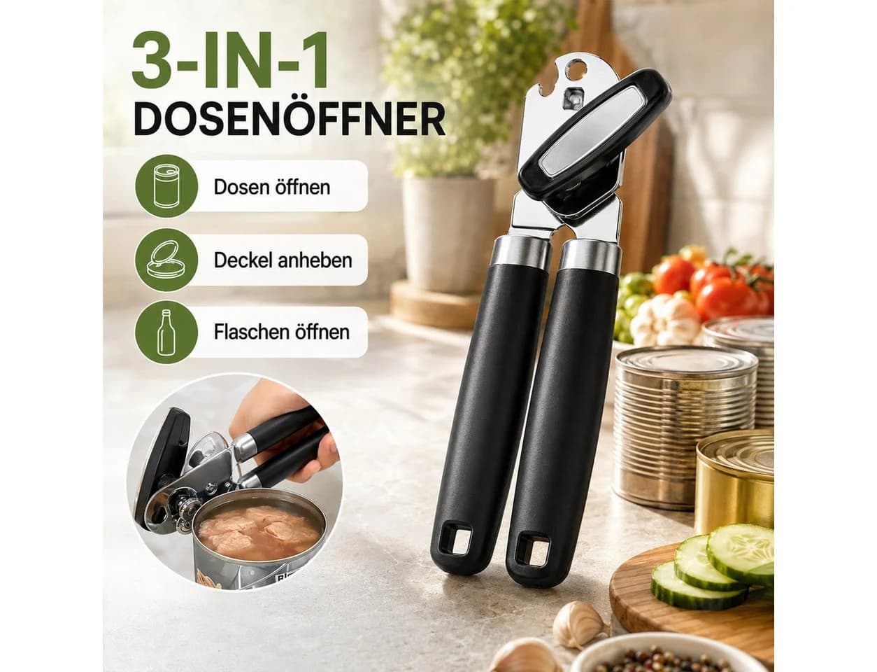Luckice Multifunktionaler 3-in-1 Dosenöffner Edelstahl Schwarz