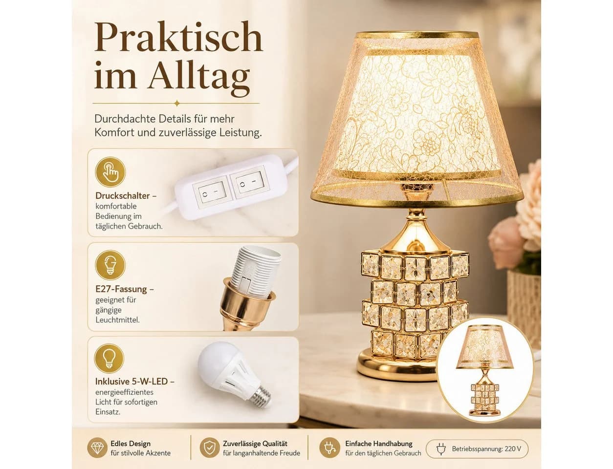 Fyrove LED Nachttischlampe Kristall Gold E27 inkl. 5W LED