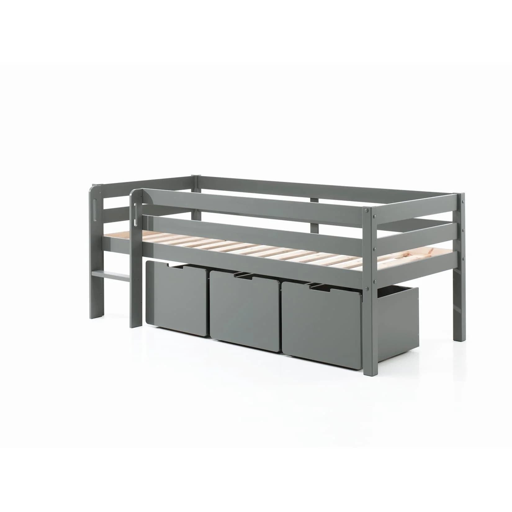 VIPACK Spielbett Pino Grau Kiefer massiv mit 3 Rollboxen