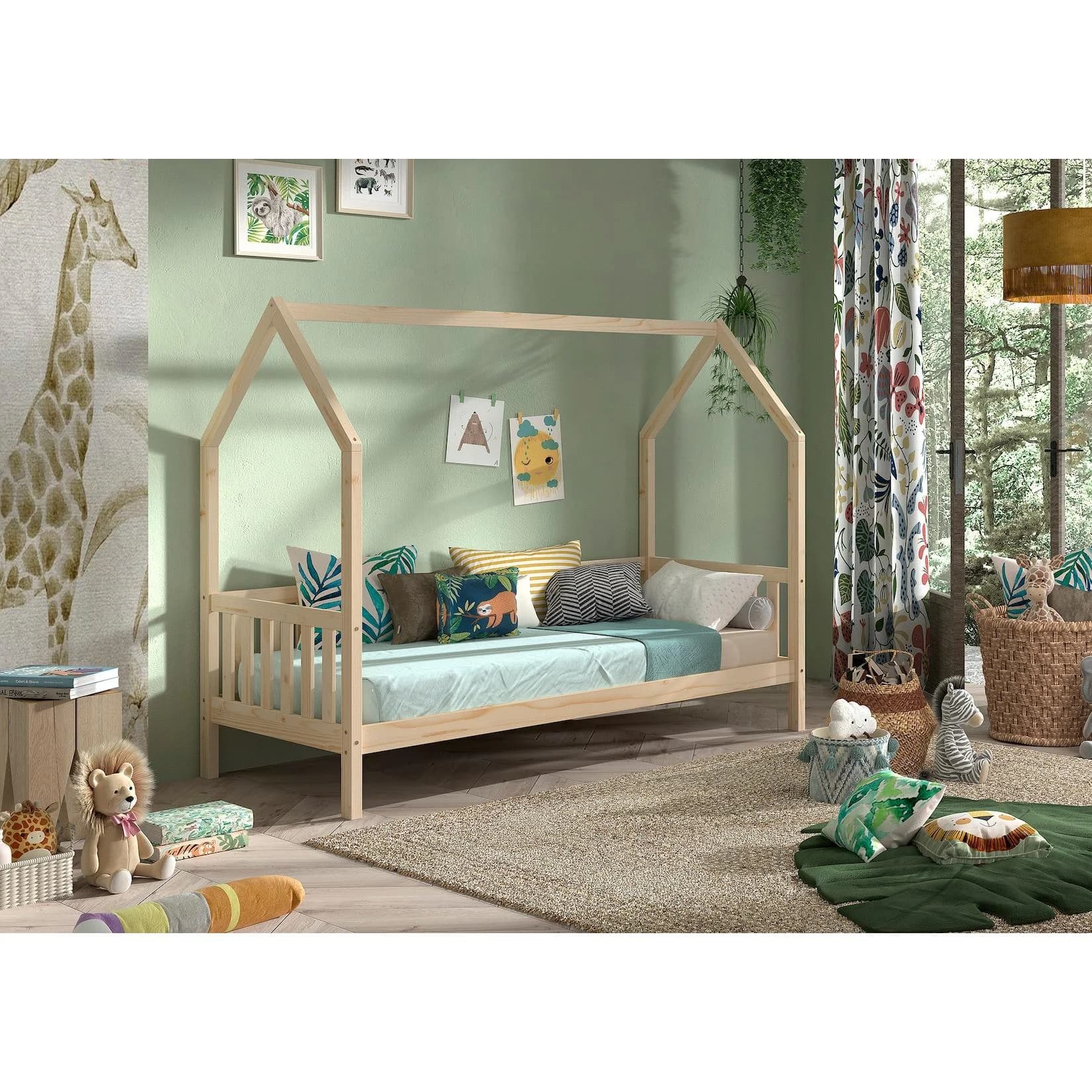 VIPACK Hausbett Cabane mit Dachaufbau und Sprossenumrandung Natur