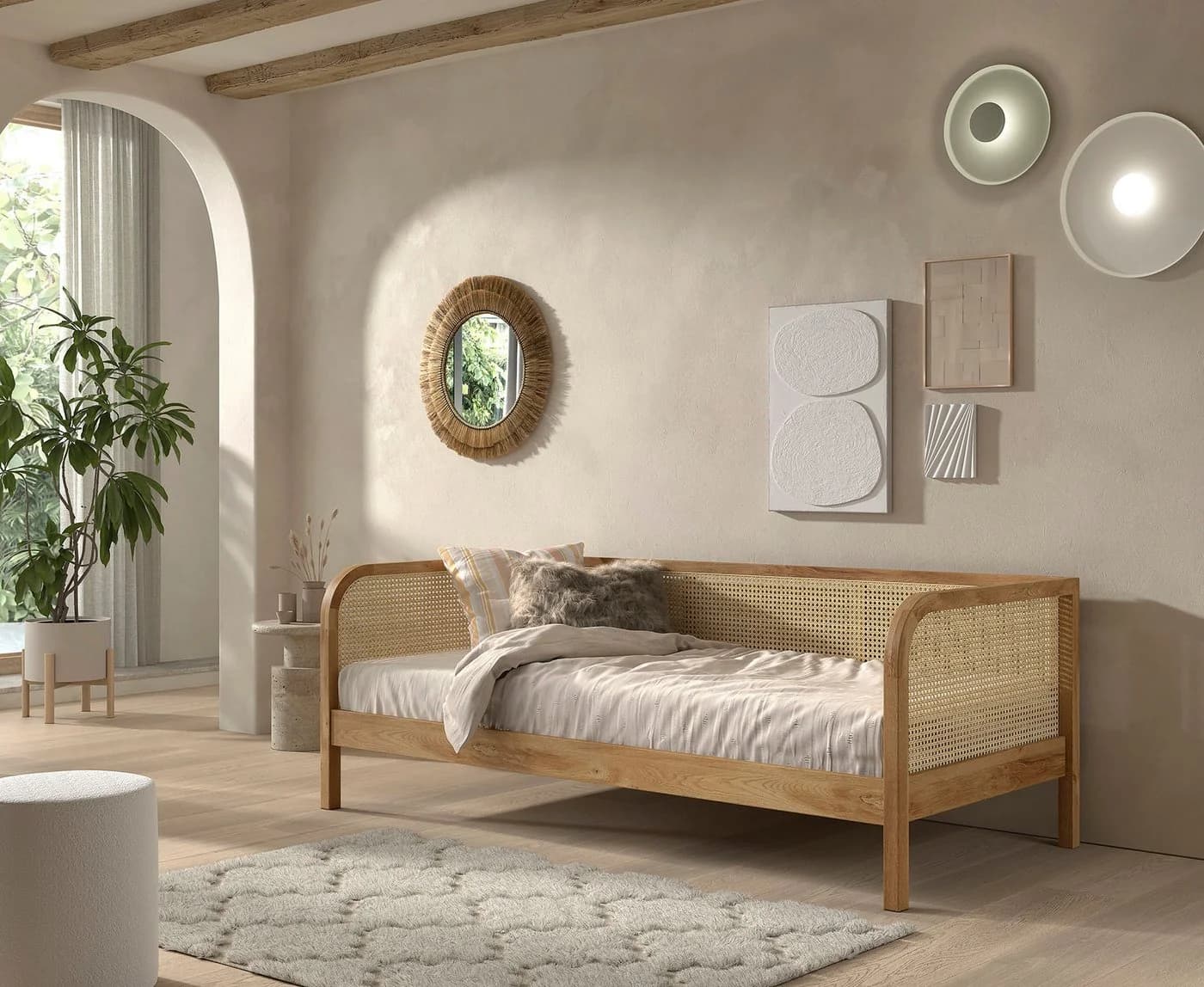Home affaire Bett Olive Eiche Natur Rattan Kopfteil
