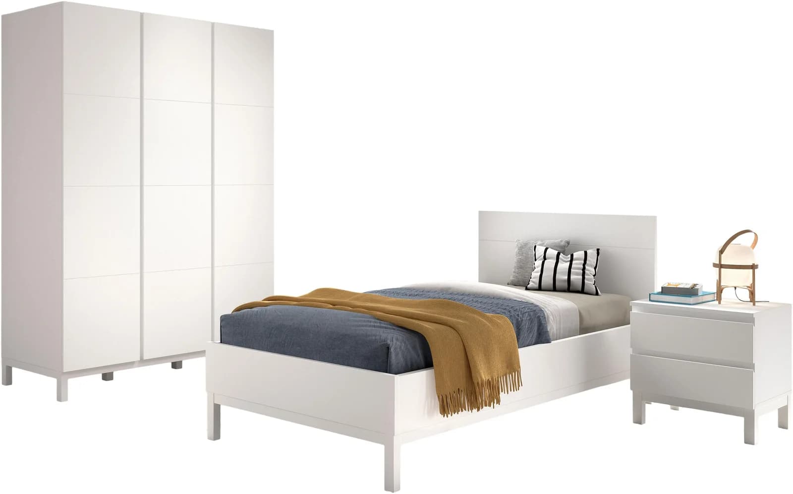 Jugendzimmer-Set VIPACK Einzelbett 90/200, Nachtkonsole, Kleiderschrank 3-trg. Weiß