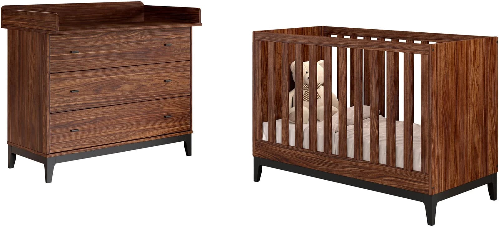 VIPACK Babymöbel-Set Ilyas Nussbaum Dekor mit Wickelkommode und Babybett