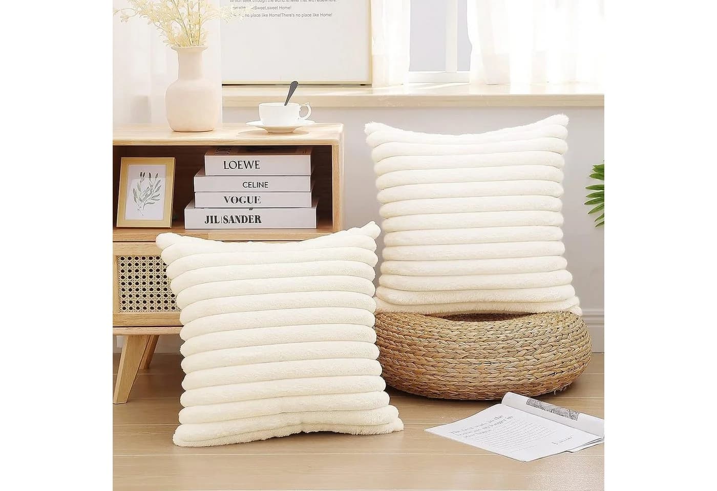 Coonoor Kissenbezug Gestreift Weiß Samt & Fellimitat 45x45cm 2er Pack