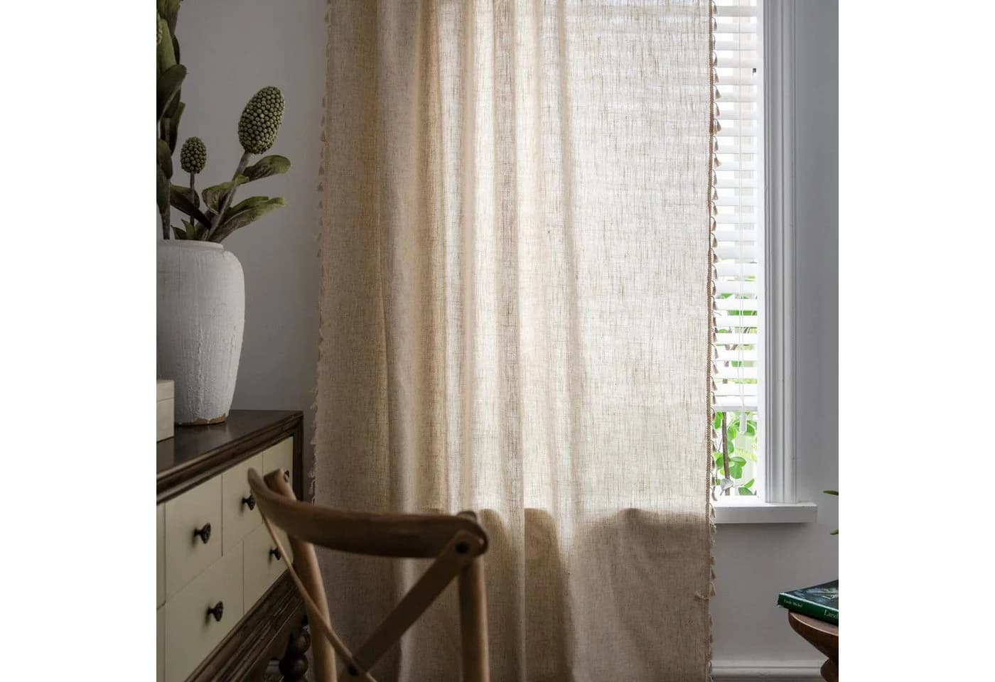 Kaket Gardine Boho-Leinen Vorhänge mit Quasten für Wohnzimmer & Schlafzimmer