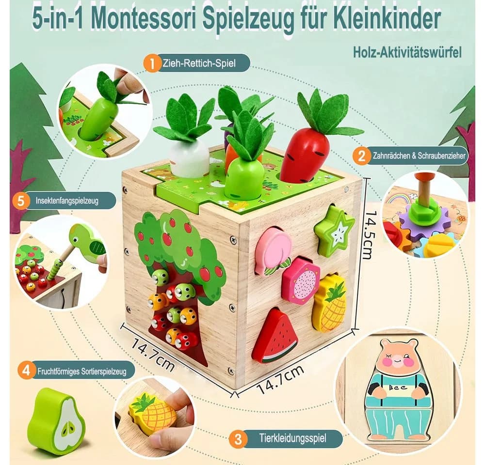 CLTYQ Motorikwürfel 5 in 1 Aktivitätswürfel Spielzeug Bunt Holz