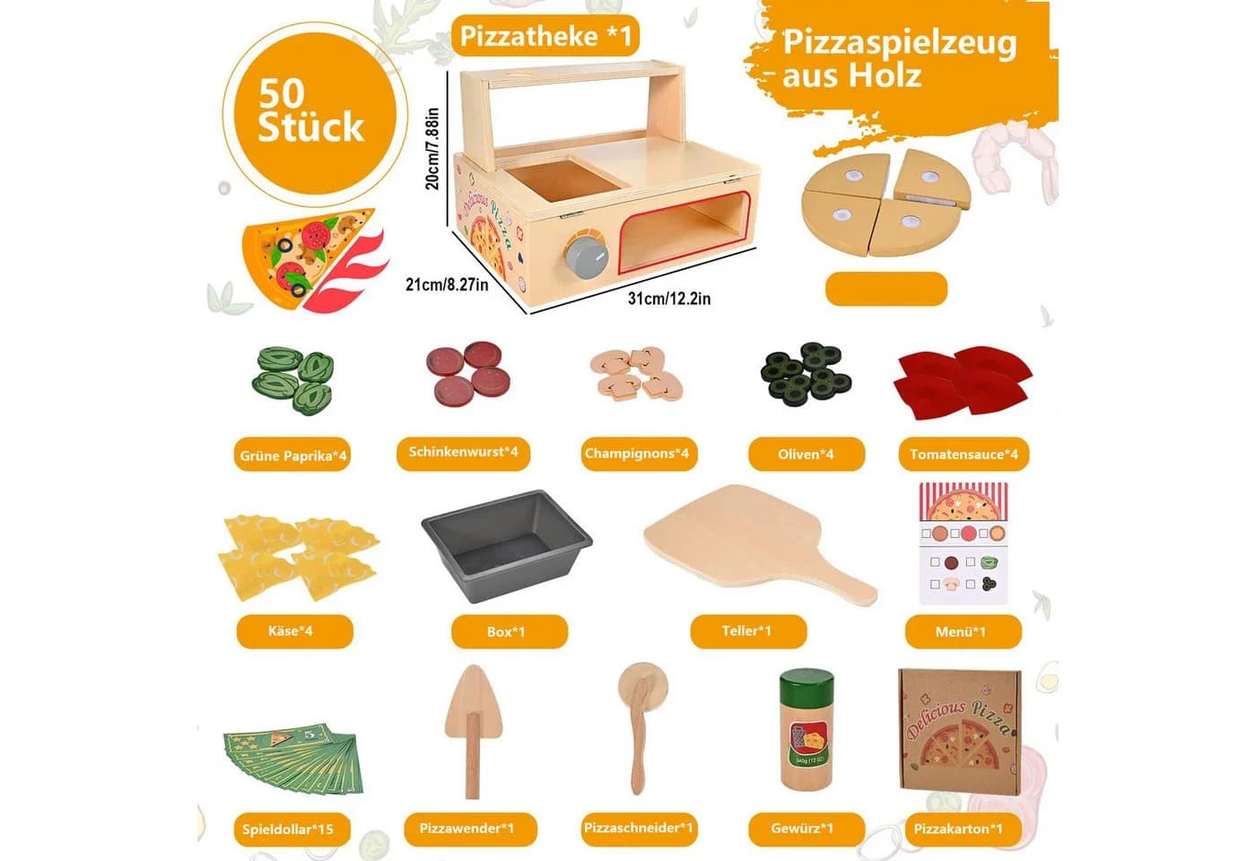 CLTYQ 50-teiliges Pizzaspielzeug aus Holz, Pizzatisch-Set mit Ofen, Spielessen und Zubehör, Montessori-Spielzeug, Küchenspielzeug für Kinder