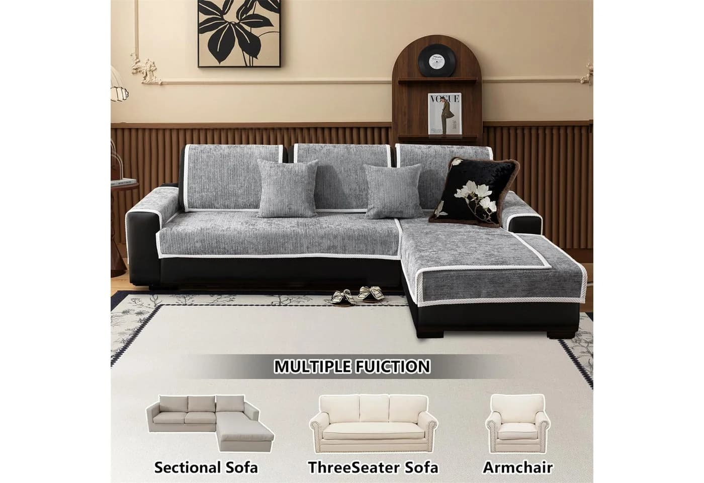 Coonoor Sofaschoner Grau Rutschfest Chenille Überzug