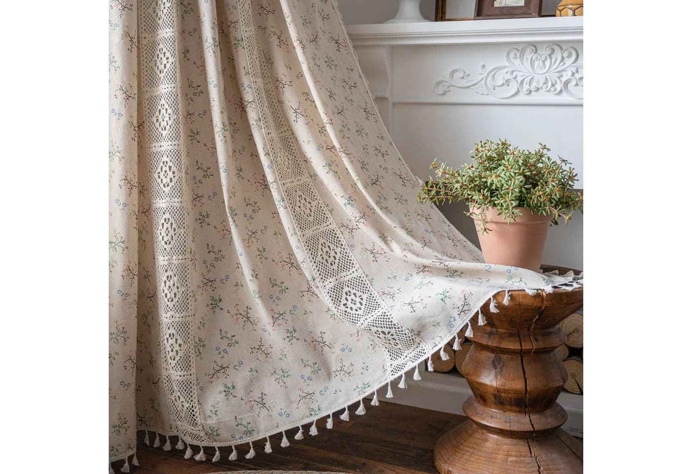 Beige Boho-Vorhang aus Baumwolle und Leinen