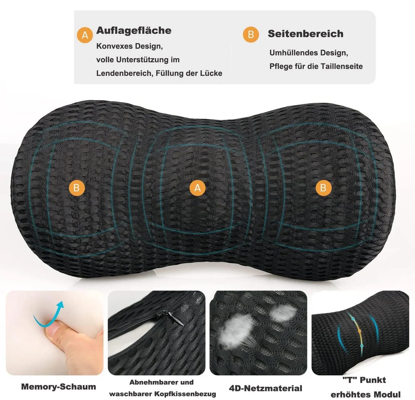 Zaewry Ergonomisches Rückenkissen Memory Foam Lendenstütze Blau