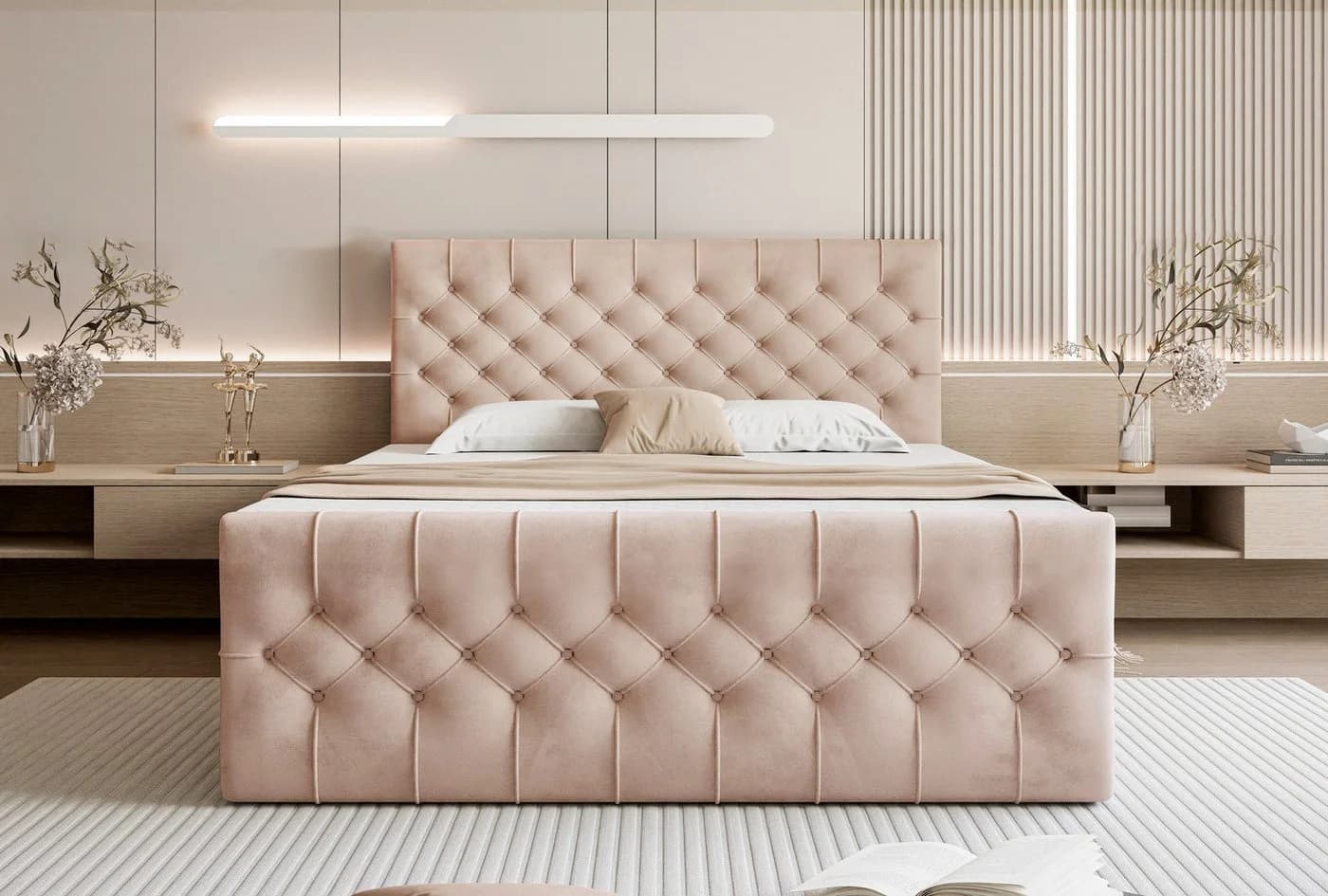 Goldstoff Boxspringbett TAURIEL Rosa Velvet mit Stauraum & Matratze