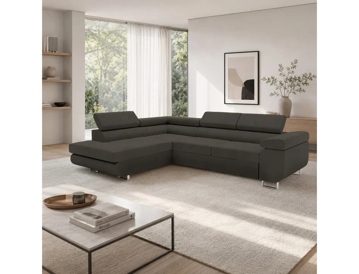 Goldstoff Ecksofa VENUS mit Schlaffunktion & Bettkasten grau