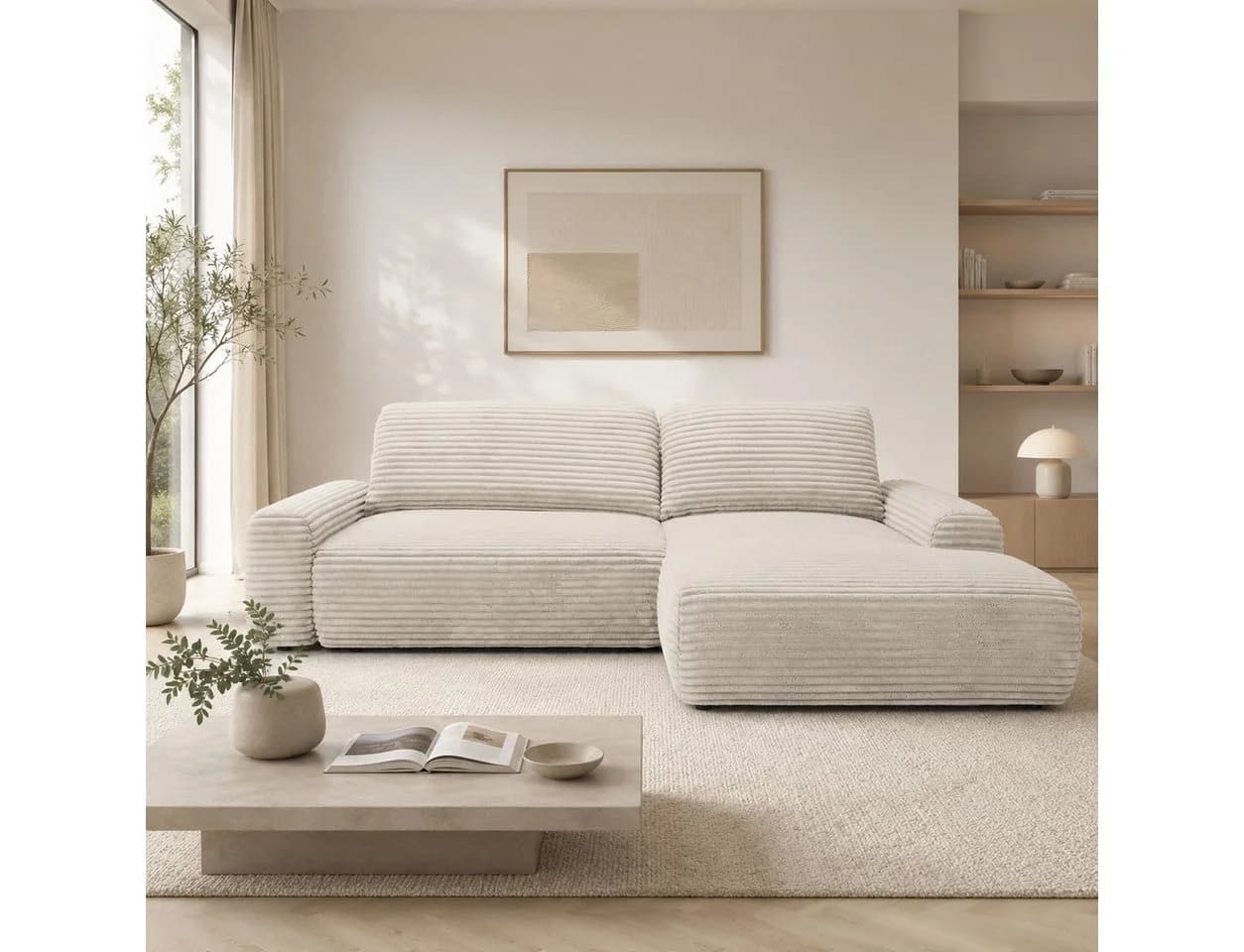Goldstoff Ecksofa MOUNIR L-Form mit Schlaffunktion und Bettkasten Cord beige