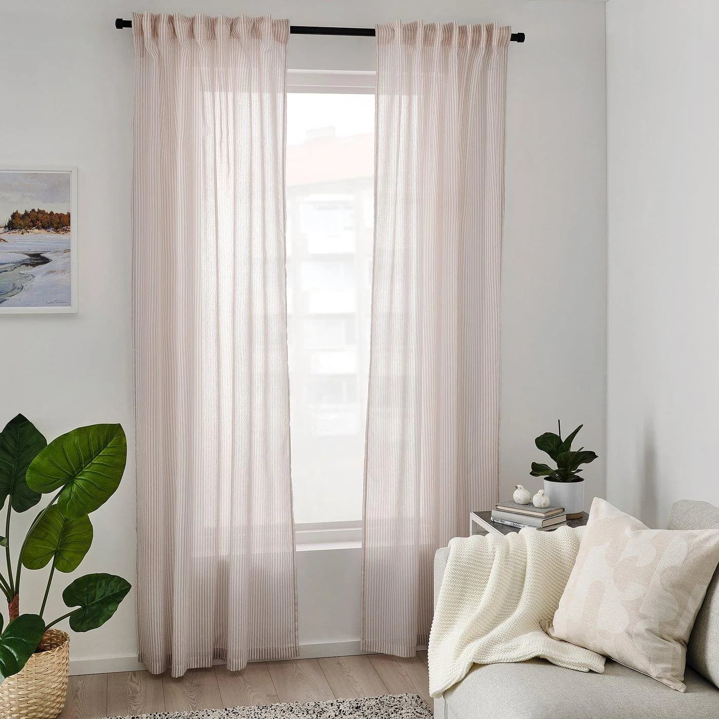 IKEA BYMOTT 2 Gardinenschals Beige/Weiß mit Gardinenband