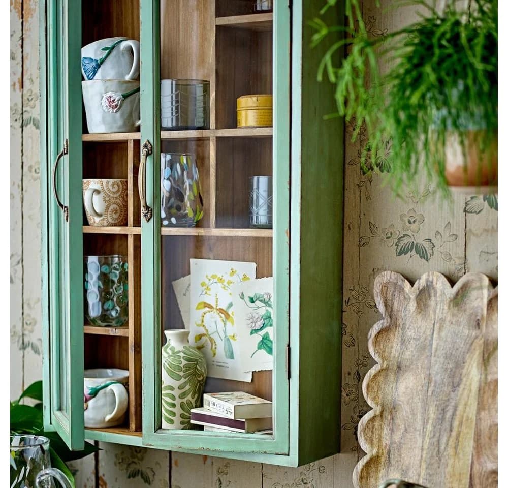 Bloomingville Wandhängeschrank Hazem Kabinett Grün Vintage Glasfront