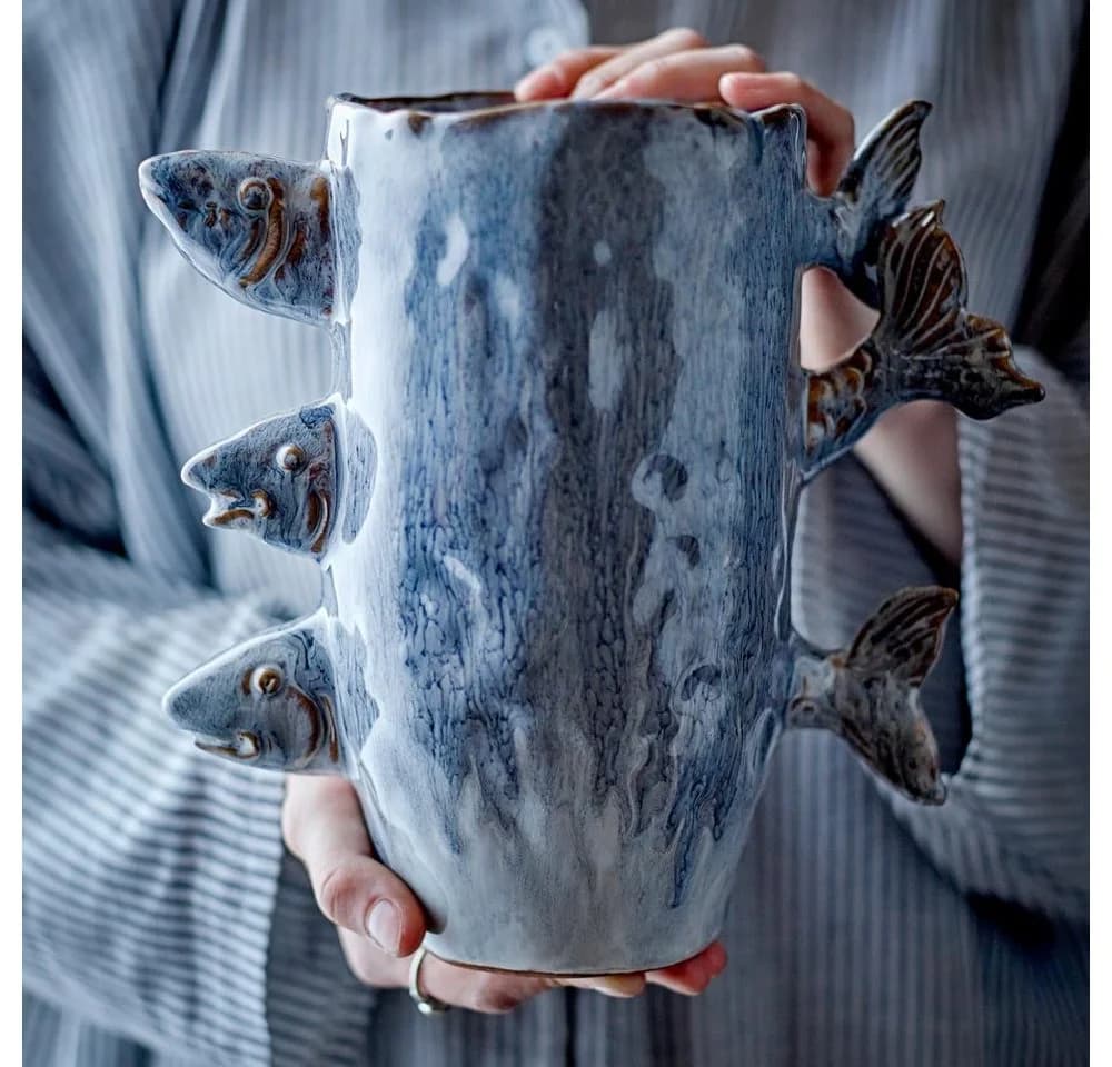 Bloomingville Dekovase Tace Vase Blau Steingut Fisch Design