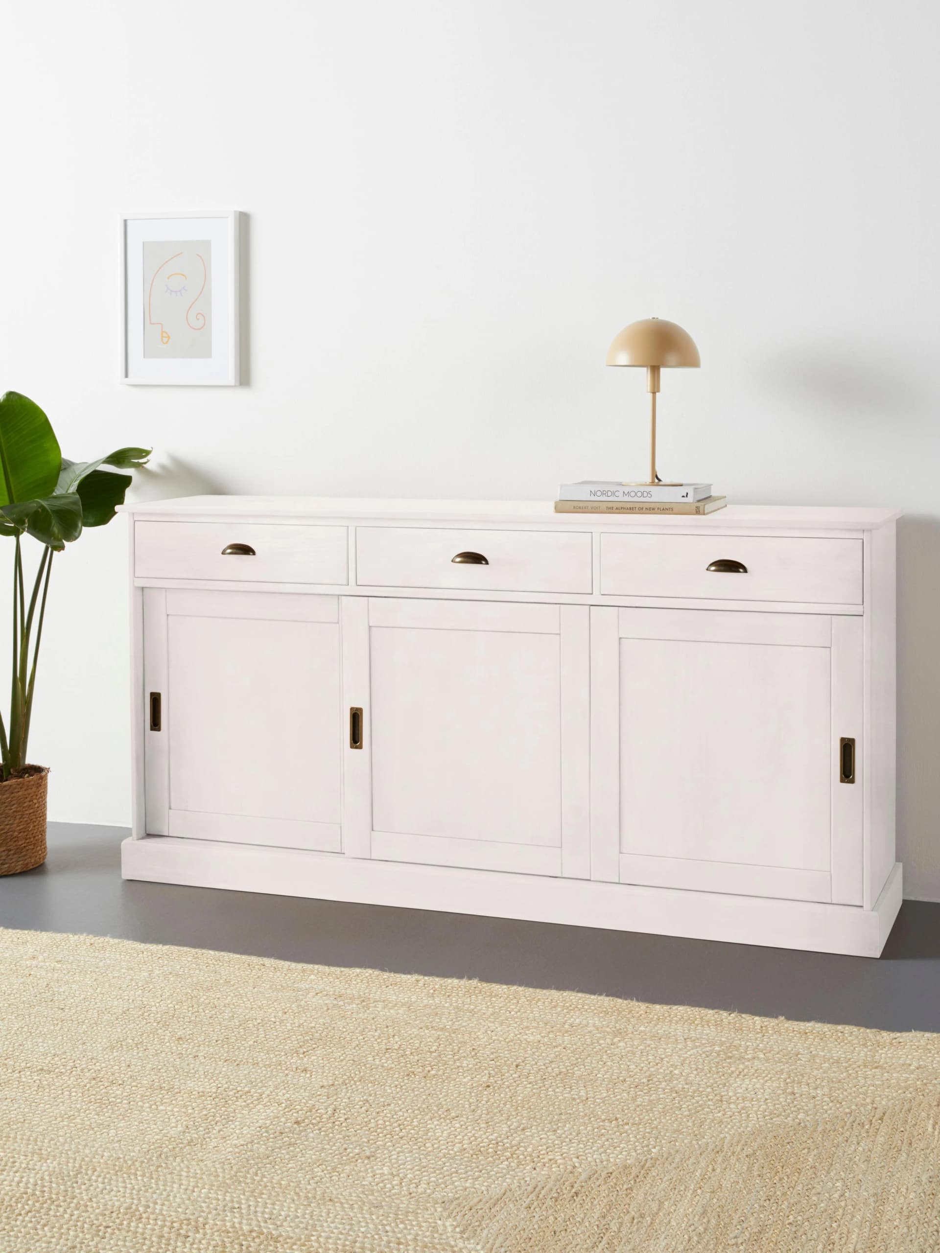 OTTO HOME Sideboard Schröder Weiß Massivholz 3 Schiebetüren 3 Schubladen