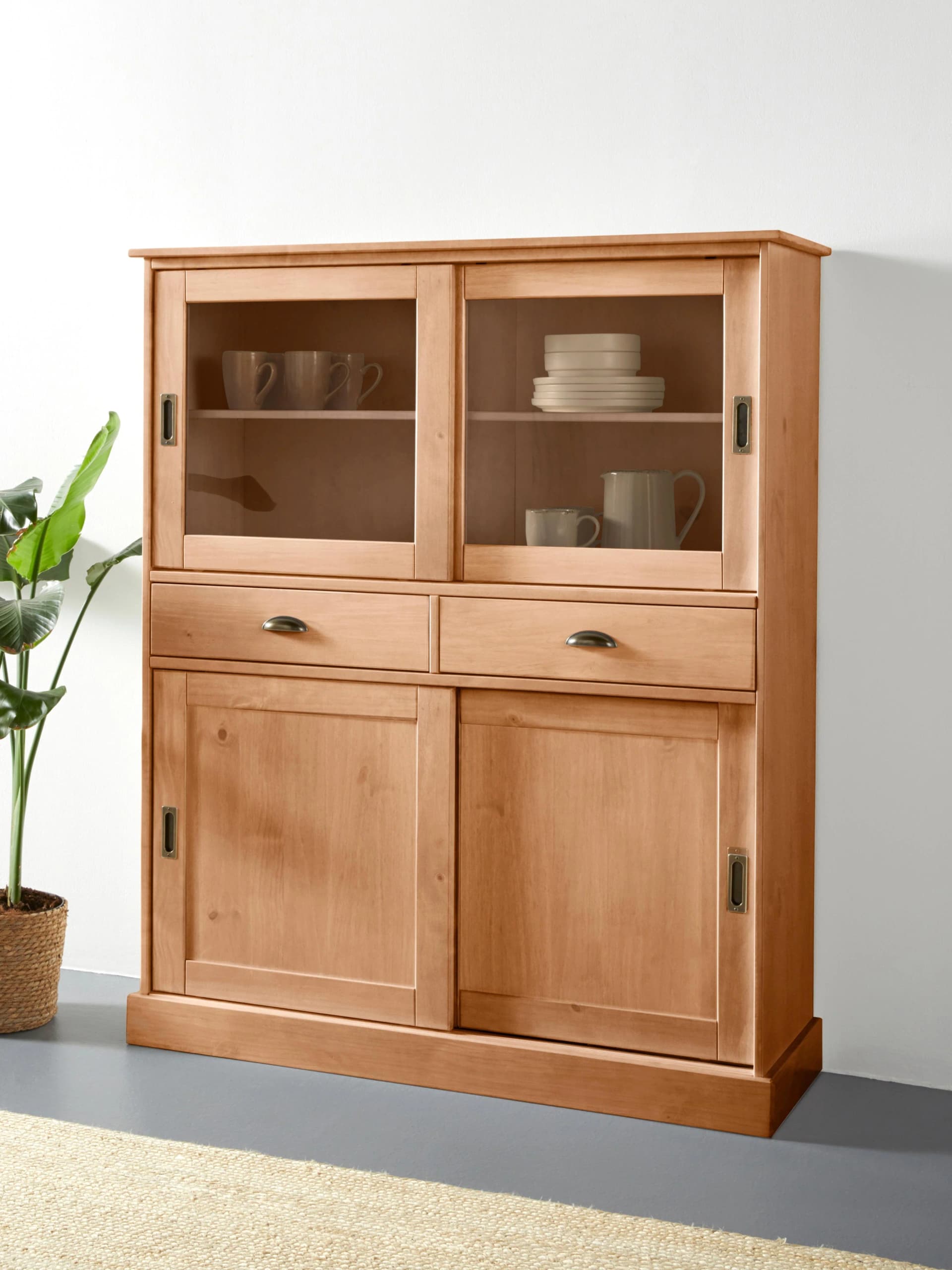 OTTO HOME Highboard Schröder Beige Massivholz mit Glastüren