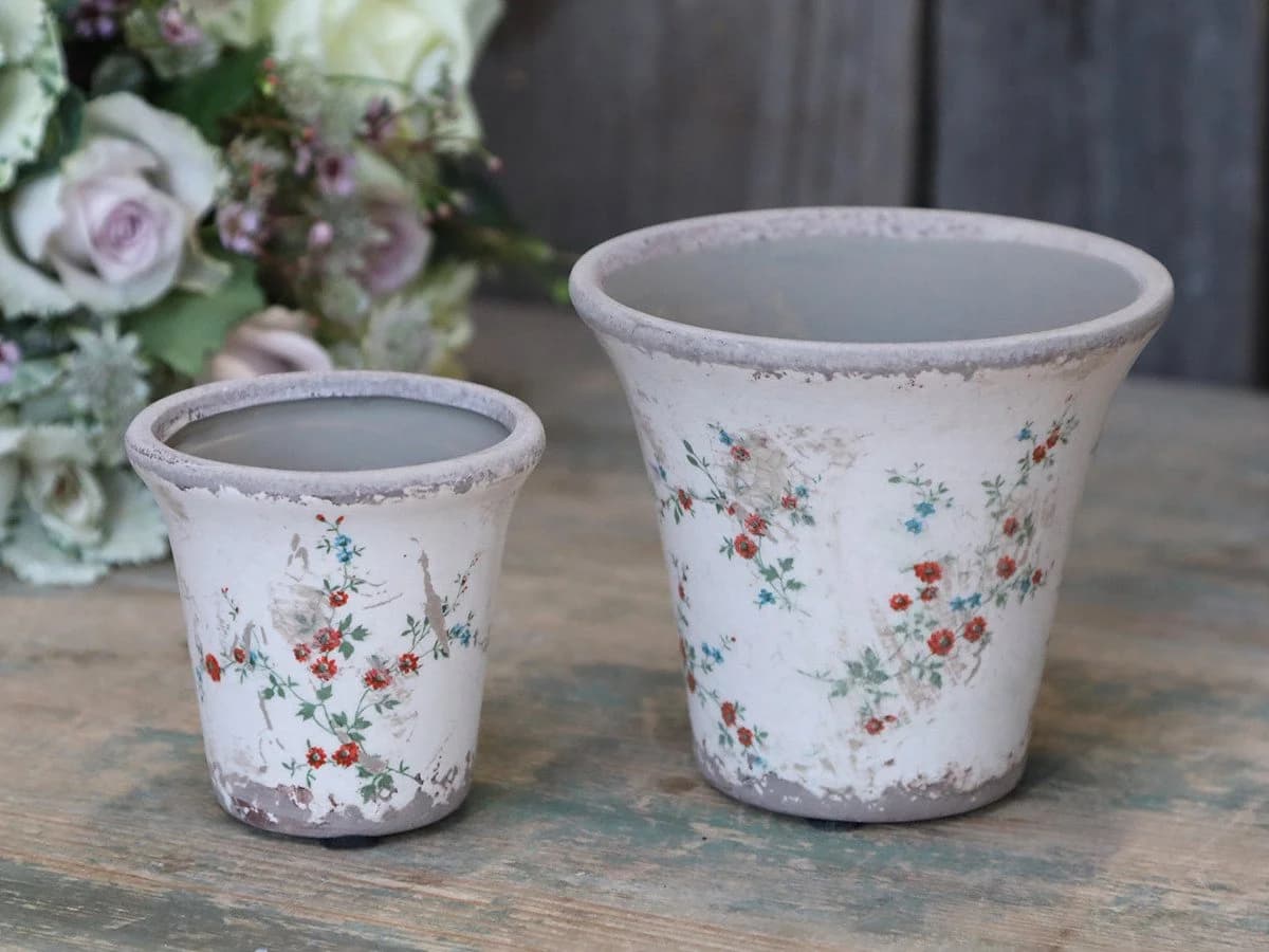 Chic Antique Pflanztopf Tulle Keramik glasiert florales Muster Creme
