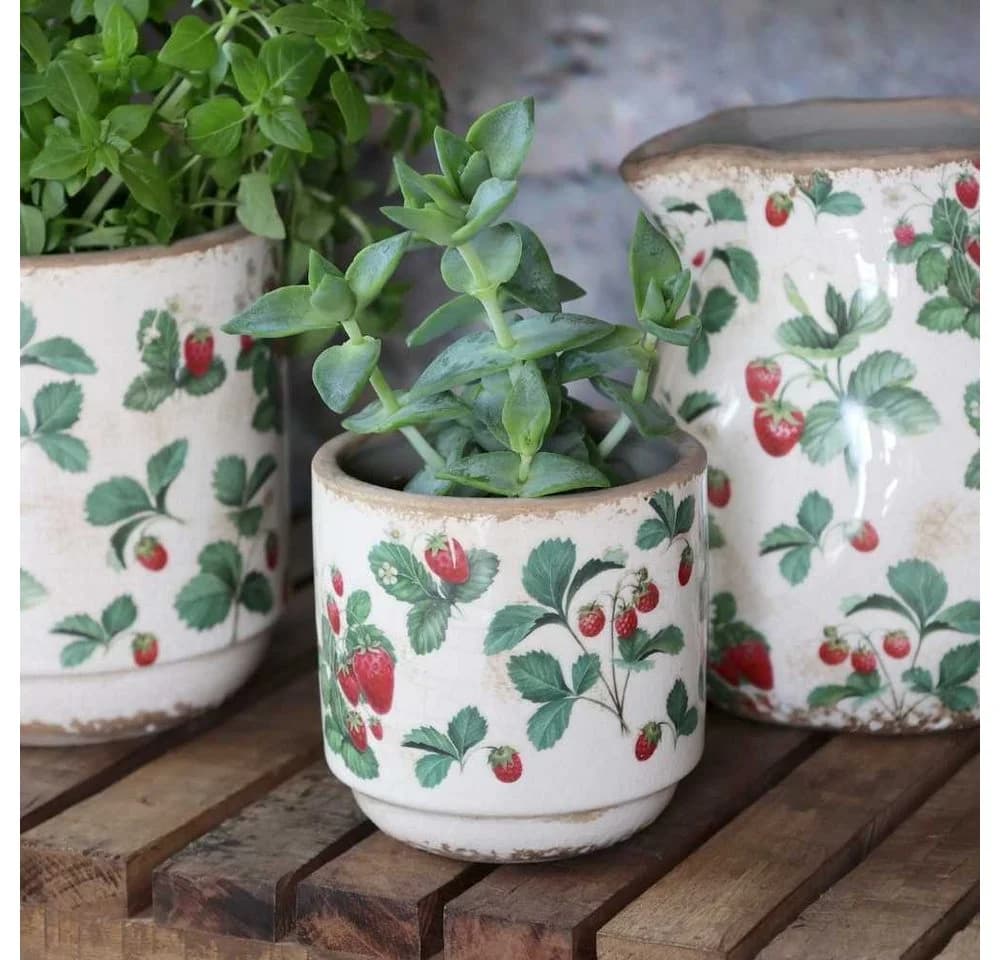Chic Antique Blumentopf FRAISES Keramik Vintage Erdbeer-Motiv