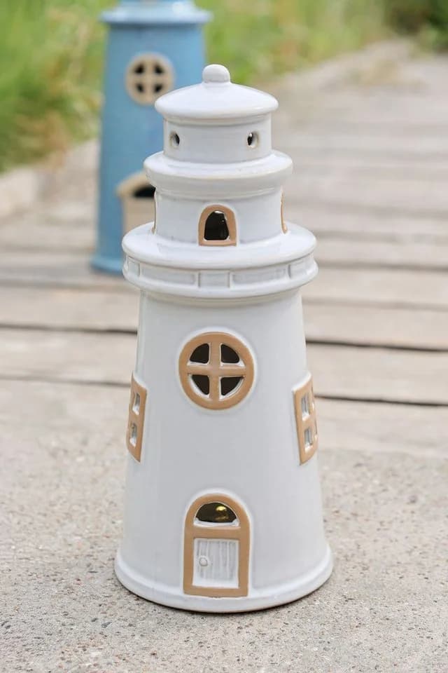 Chic Antique Windlicht Leuchtturm LED Laterne Keramik Weiß