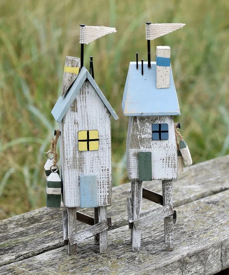 Chic Antique 2er Set Deko-Strandhäuser Hellblau/Antique-Weiß Holz