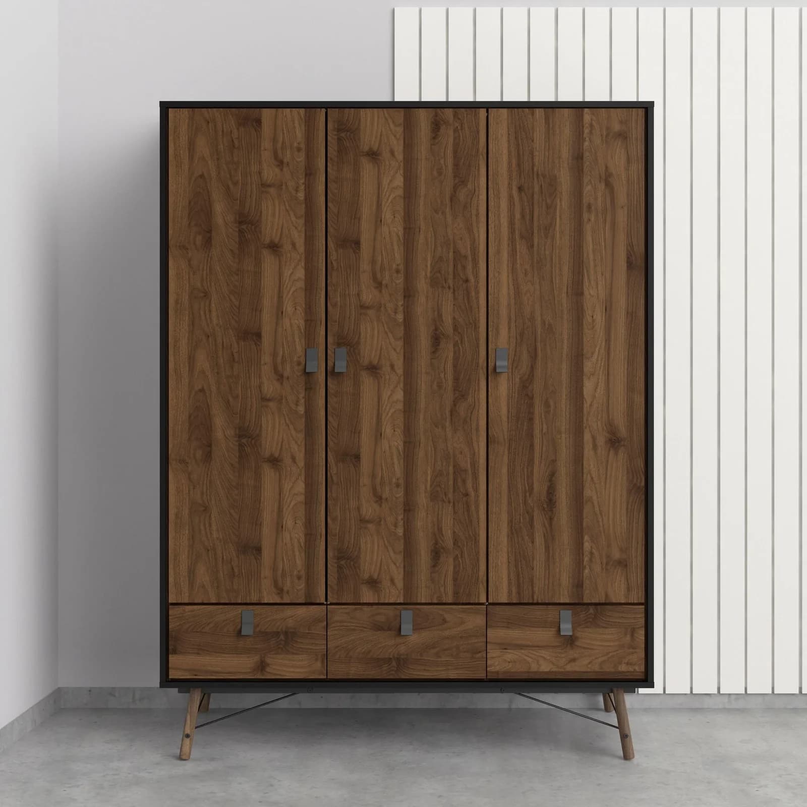 Kleiderschrank ANDAS RY Schwarz/Walnuss 3 Türen 3 Schubladen
