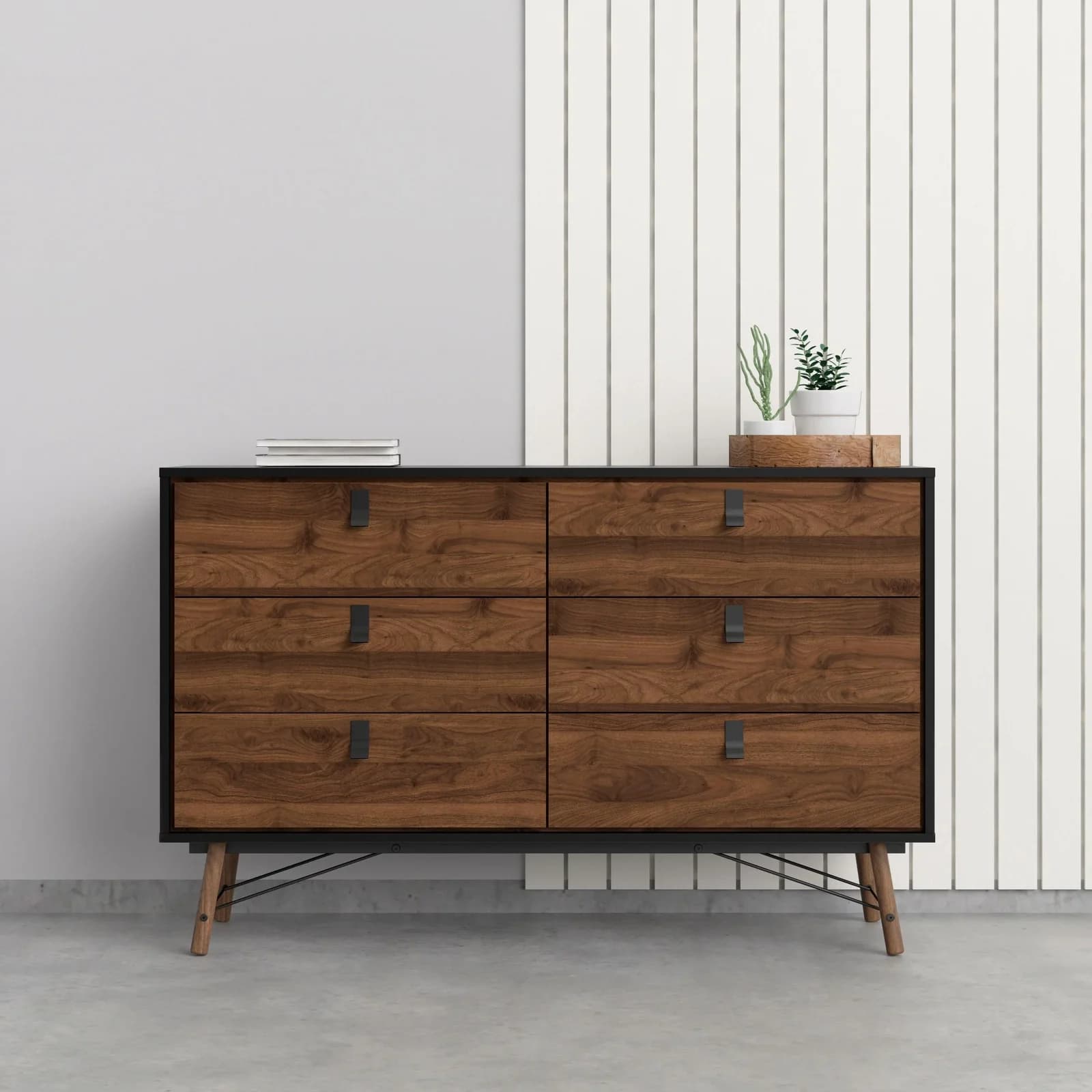 Kommode ANDAS Ry mit 6 Schubladen Schwarz Matt/Walnuss