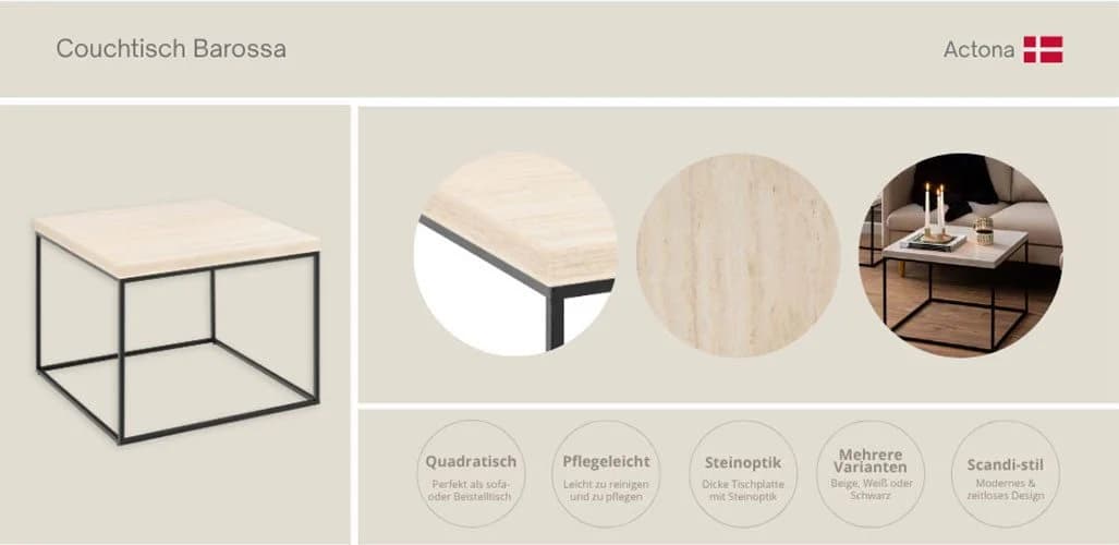 ACTONA GROUP Couchtisch Barossa Steinoptik Schwarz