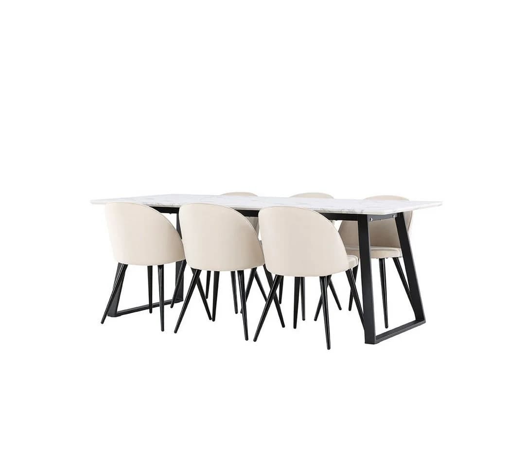 ebuy24 Essgruppe Malaga 7-tlg. Esstisch 90x200cm weiß mit 6 Stühlen beige