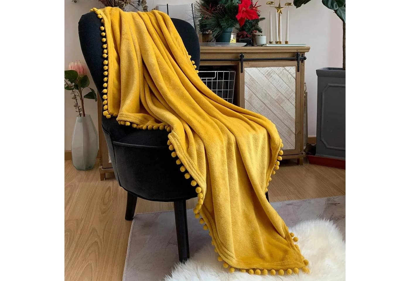 LOMAO Wohndecke Flanell Kuscheldecke mit Pompons