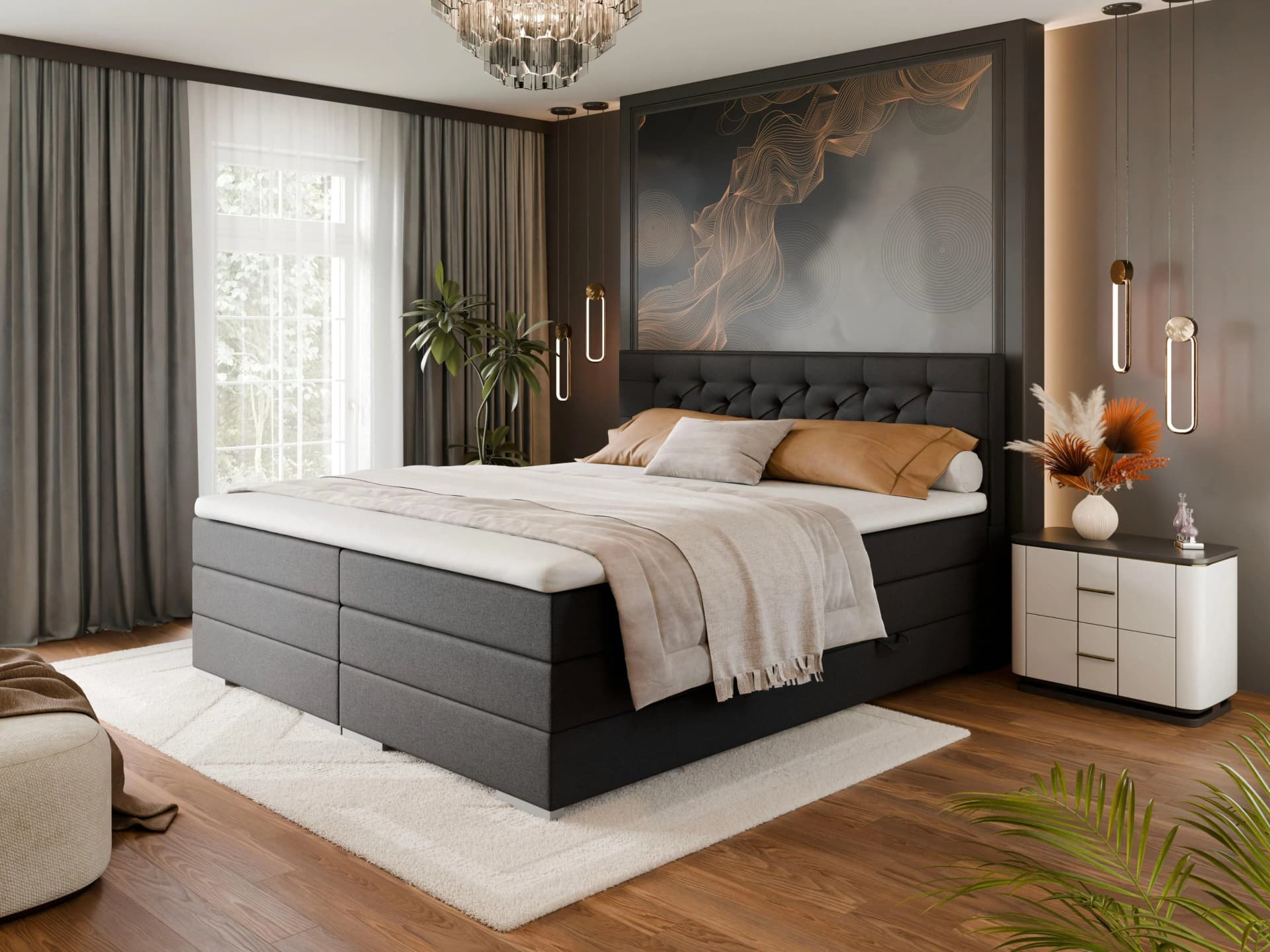 FORTE Boxspringbett Lanciano mit Bettkästen & Topper Anthrazit