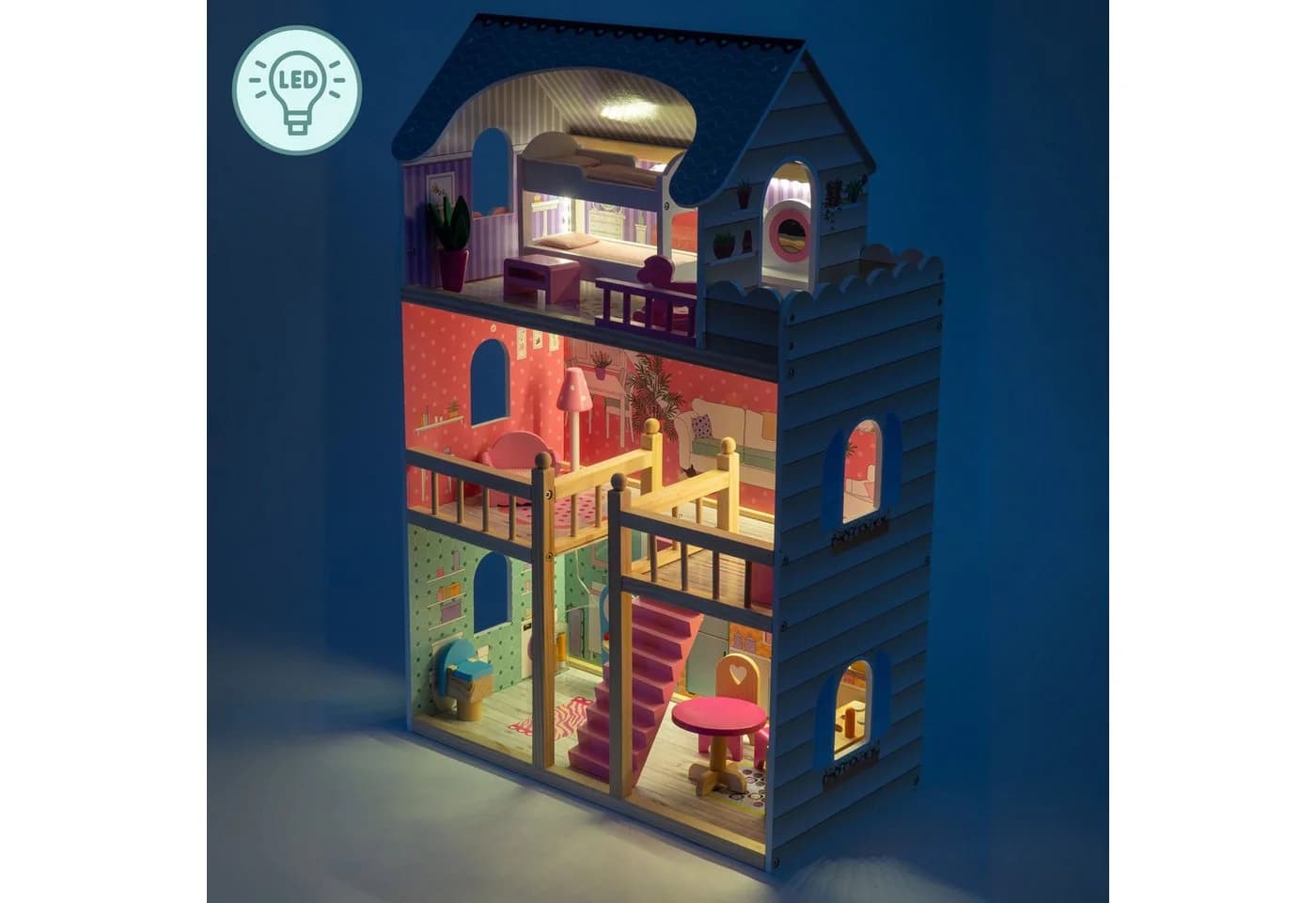 Mamabrum Puppenhaus 3-stöckig Holz mit LED und Möbelset