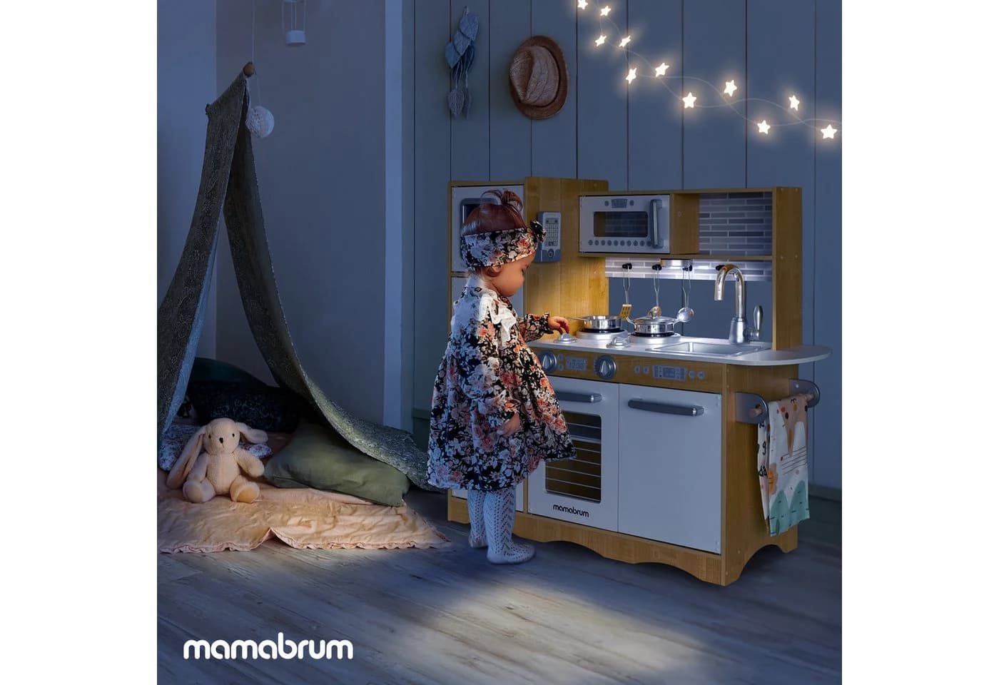 Mamabrum Kinder-Küchenset XXL Holzküche mit LED-Beleuchtung