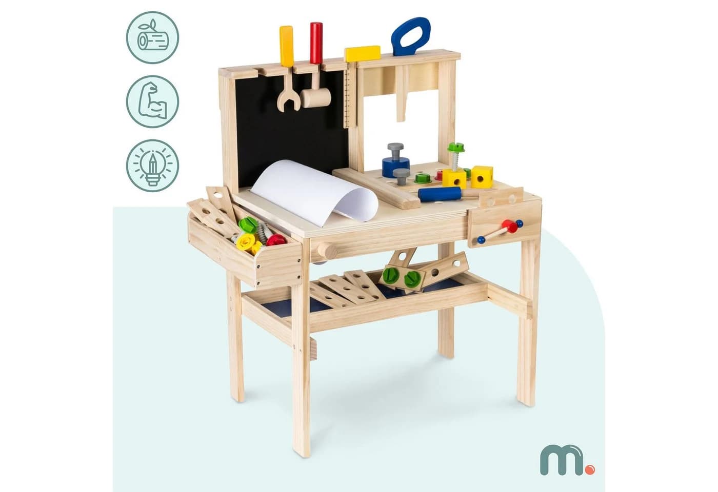 Mamabrum Spielwerkbank Holz mit Werkzeuggürtel und Werkzeug-Set