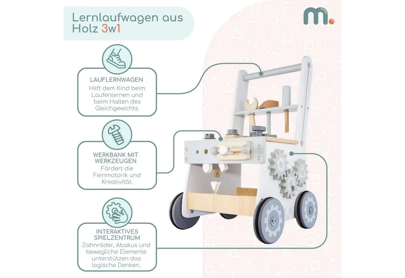Mamabrum Lauflernwagen 3-in-1 Holz Walker Beige/Grau