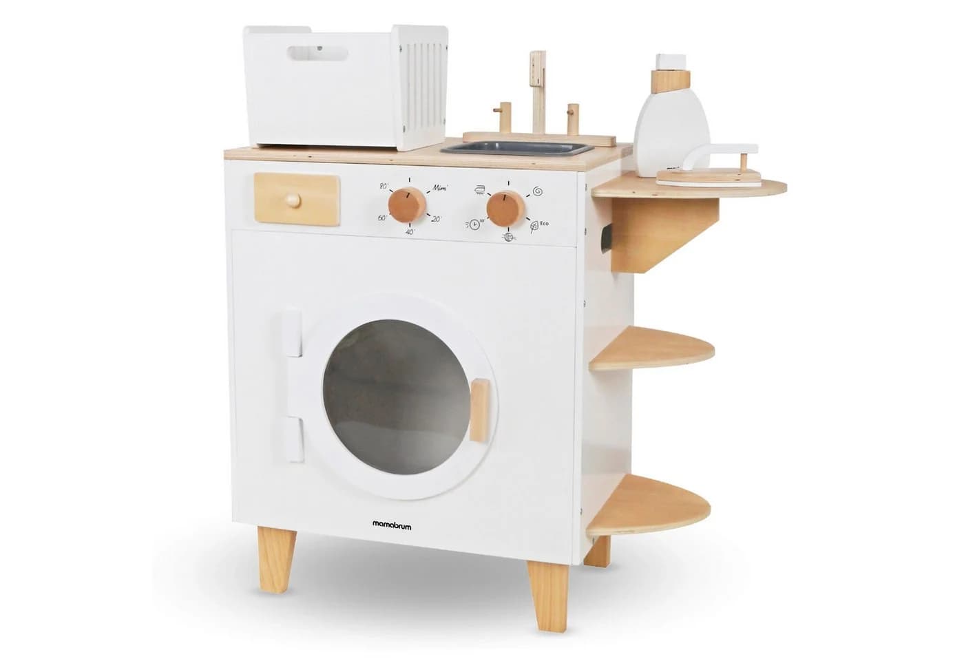 Mamabrum Kinder-Waschmaschine aus Holz – Spielset mit Bügeleisen und Wäschekorb