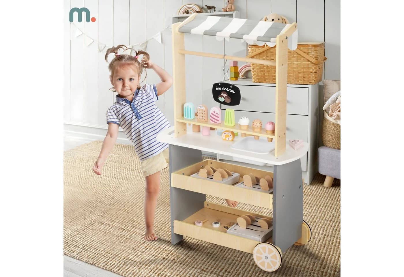 Mamabrum Kinder-Küchenset Holz-Eiswagen auf Rädern Bunt