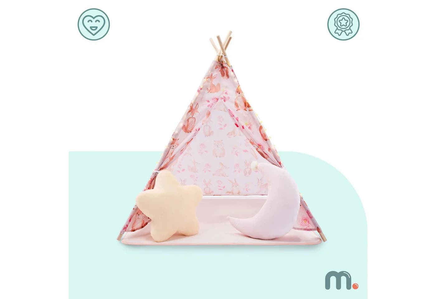 Mamabrum Kinder Tipi Zelt Rosa mit Matte, Kissen und LED
